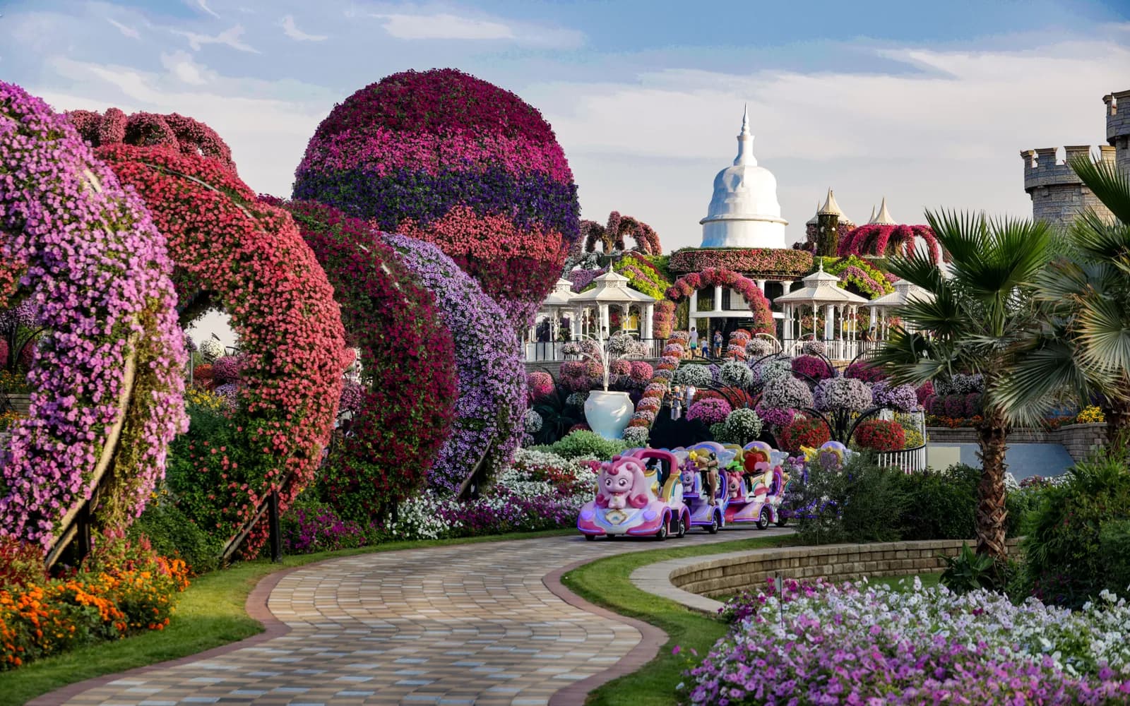 Dubai Miracle Garden'da rengârenk çiçek tepeleri, çiçekli kemerler ve yürüyüş yolu