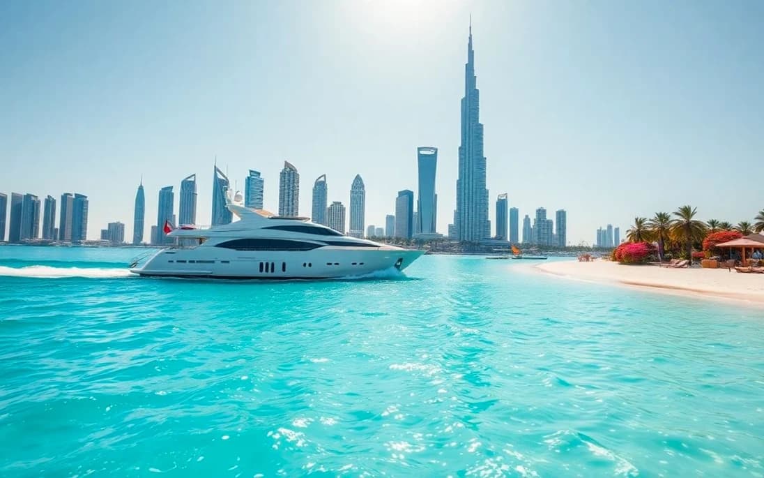 Turkuaz Dubai kıyısında seyir halinde lüks yat ve arkada Burj Khalifa'lı silüet